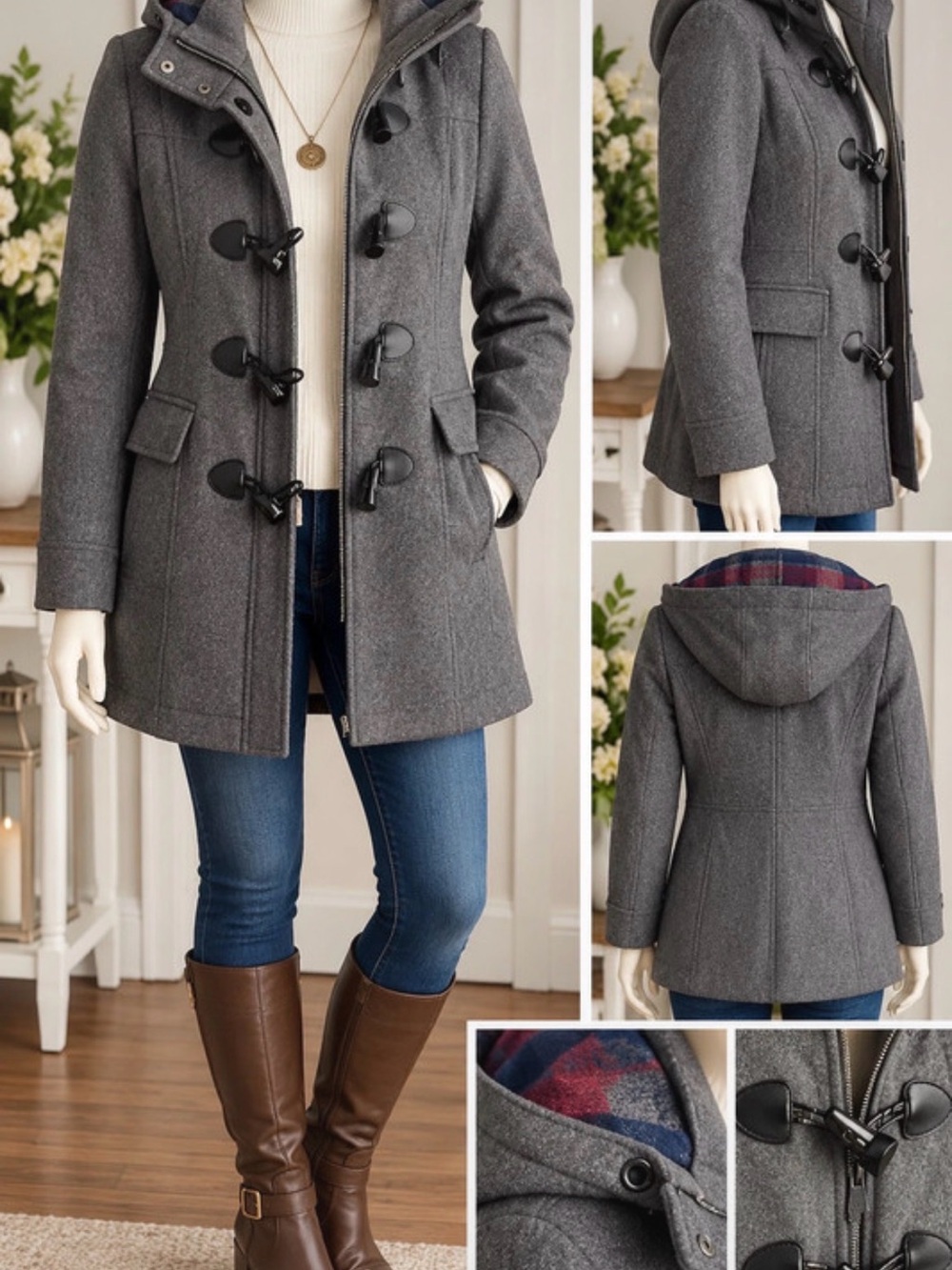 Tommy Hilfiger Gray Hooded Toggle Wool-Blend Pea Coat